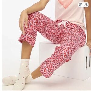 J Crew Womens Red Pink Heart Print Cropped Pajama Pants Loungewear Cotton Size M